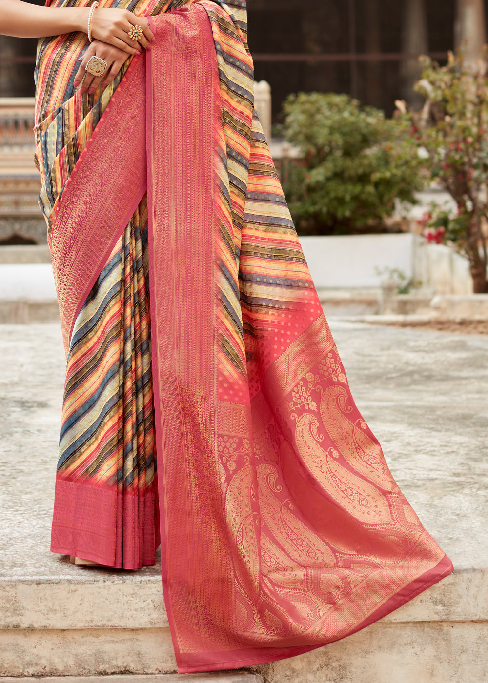 Multicolor Pink Banarasi Digital Printed Silk Saree