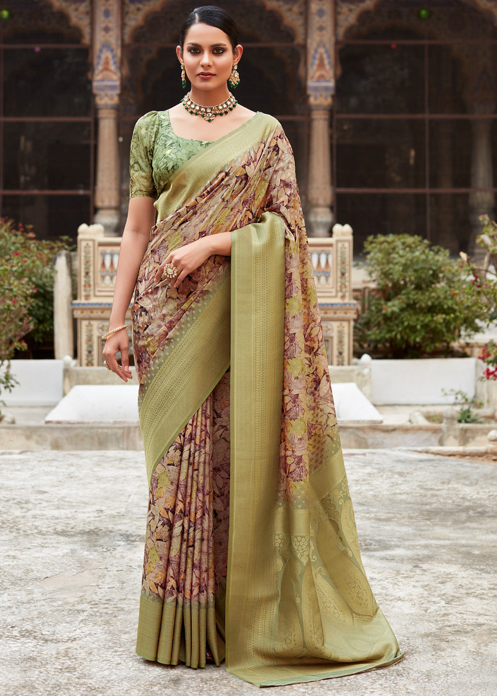 Misty Moss Green Banarasi Digital Printed Silk Saree