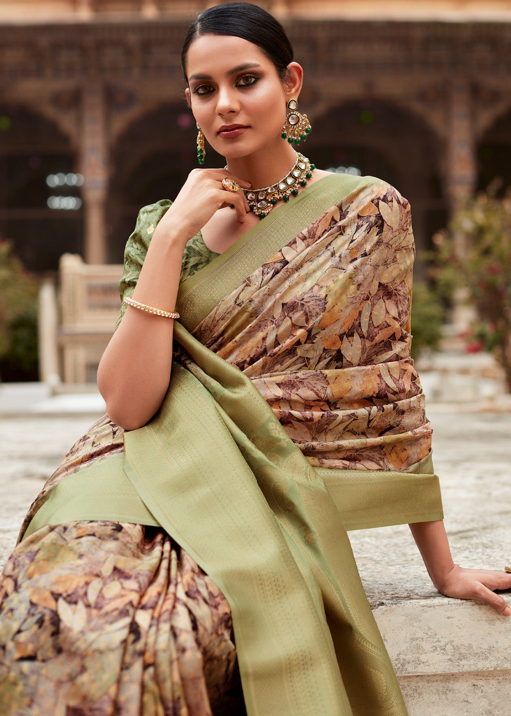 Misty Moss Green Banarasi Digital Printed Silk Saree