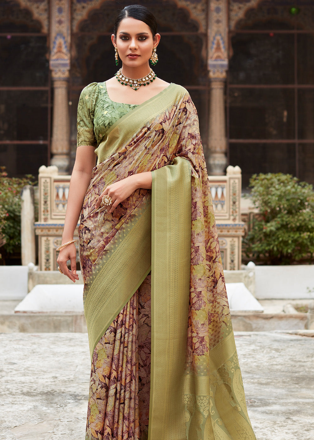 Misty Moss Green Banarasi Digital Printed Silk Saree