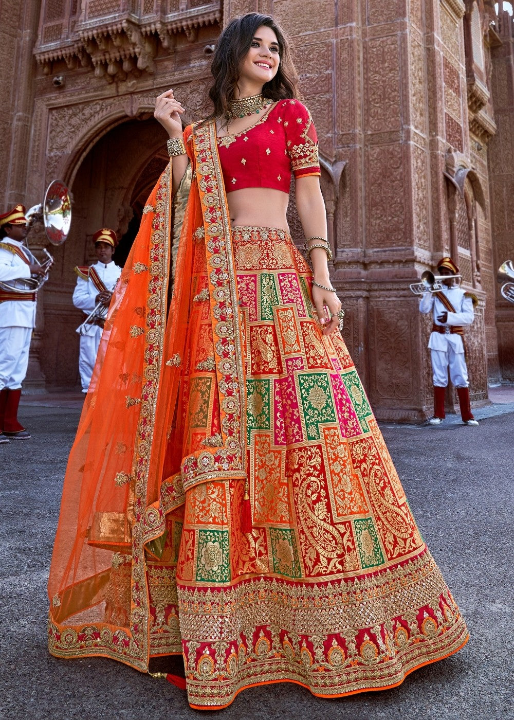 Tia Maria Orange and Red Silk Lehenga Choli