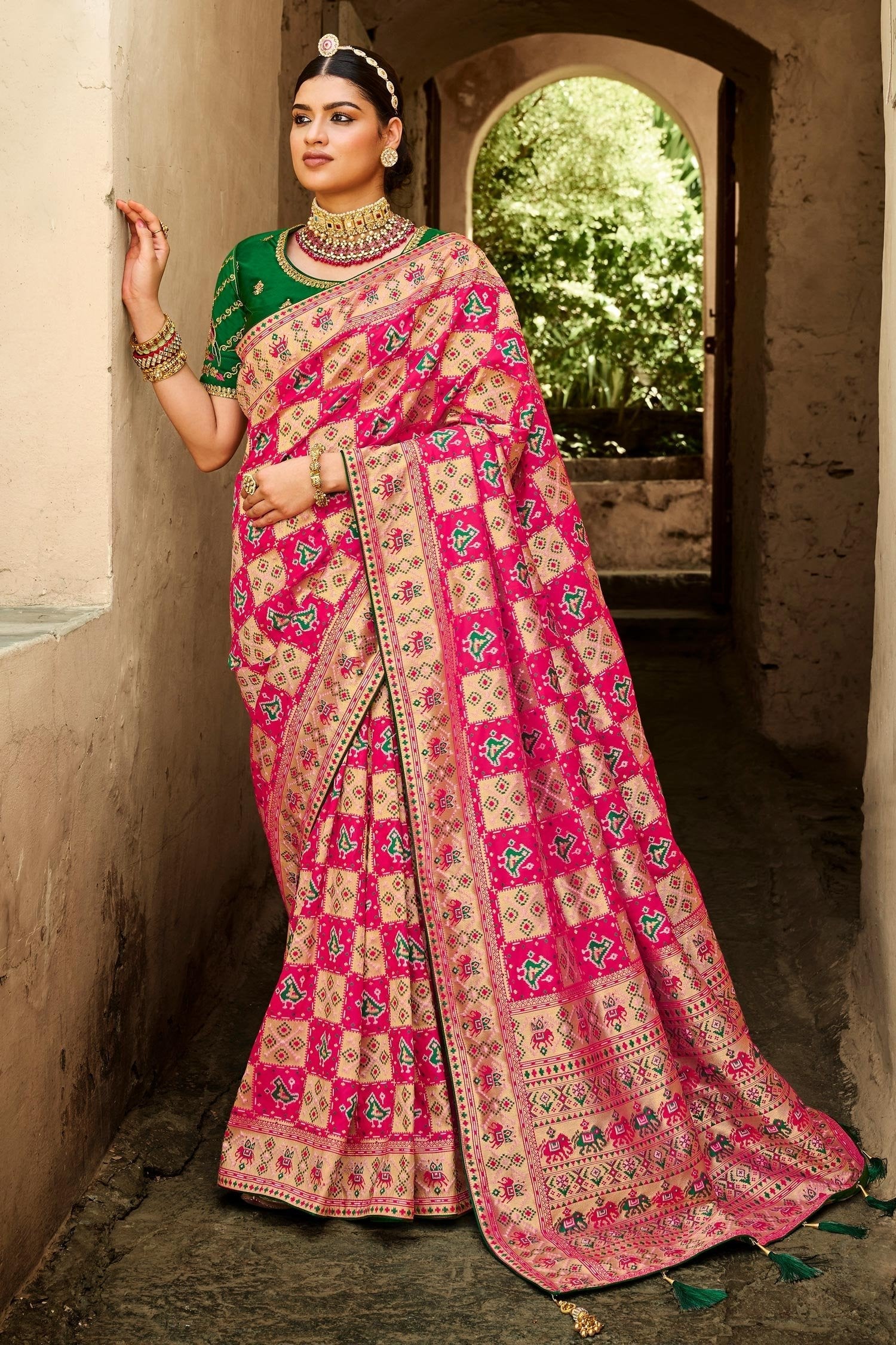 Brink Pink and Green Zari Woven Designer Banarasi Saree