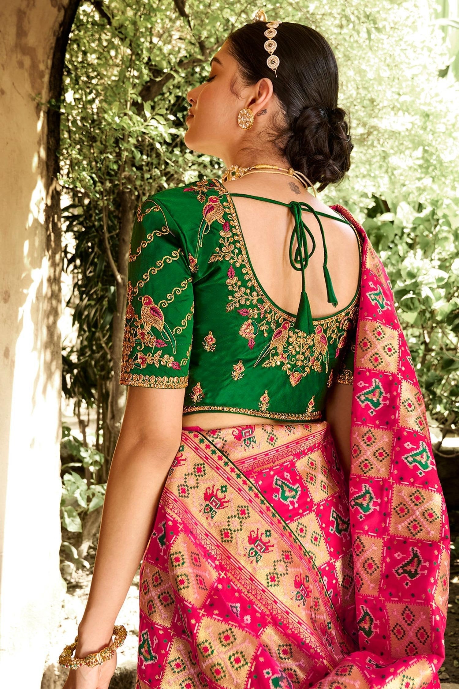 Brink Pink and Green Zari Woven Designer Banarasi Saree