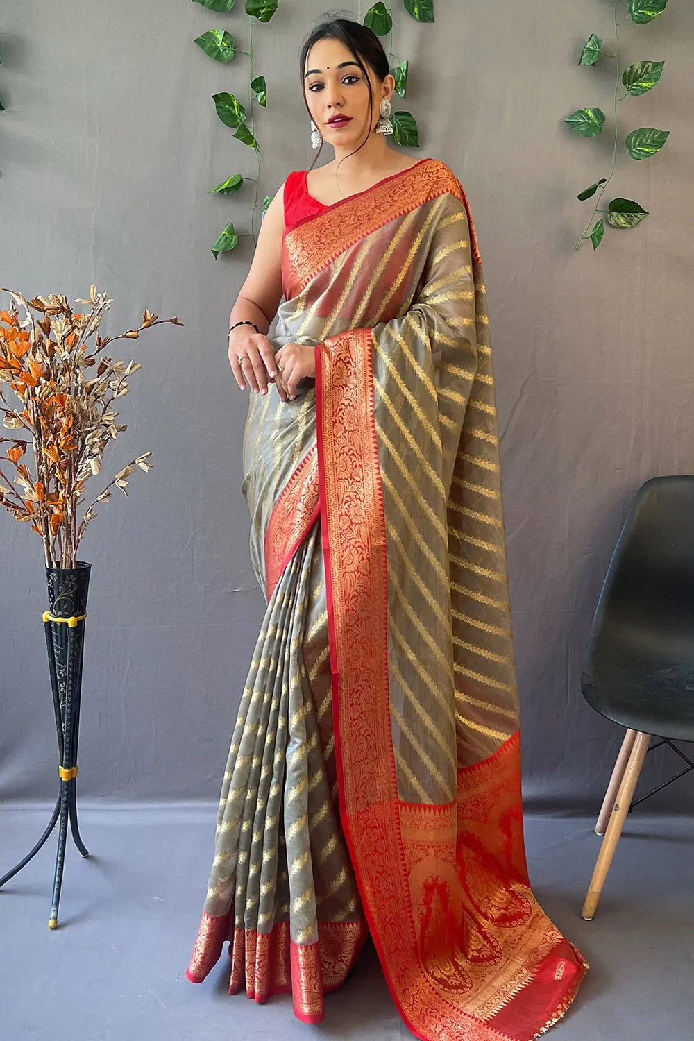 Taupe Gray Zari Woven Organza Saree