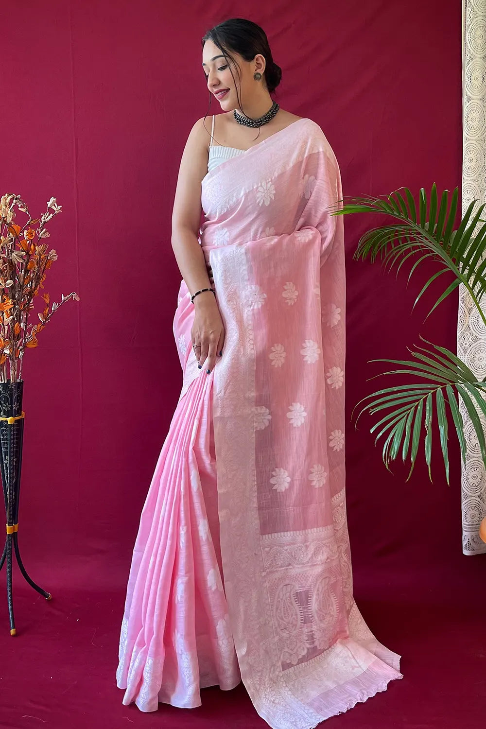 Pastel Pink Lucknowi Woven Linen Saree