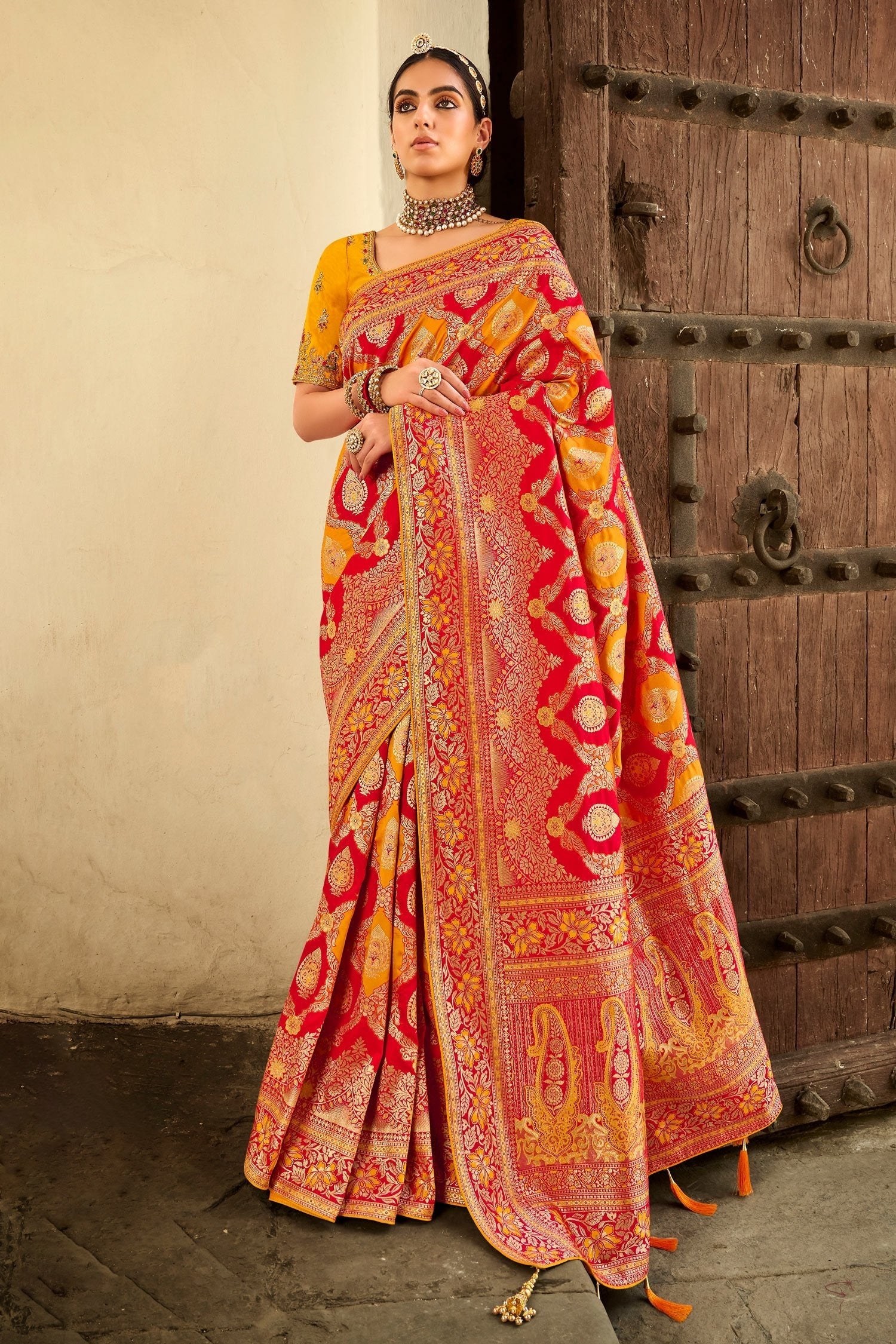 Jasper Red and Yellow Zari Woven Designer Banarasi Saree