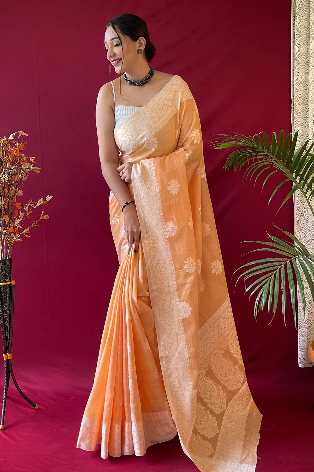 Tangerine Orange Lucknowi Woven Linen Saree