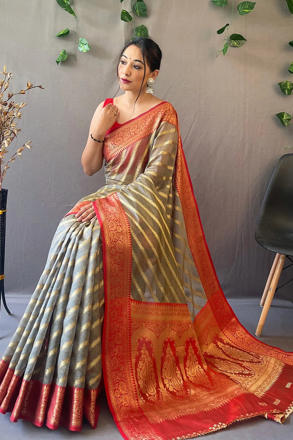 Taupe Gray Zari Woven Organza Saree