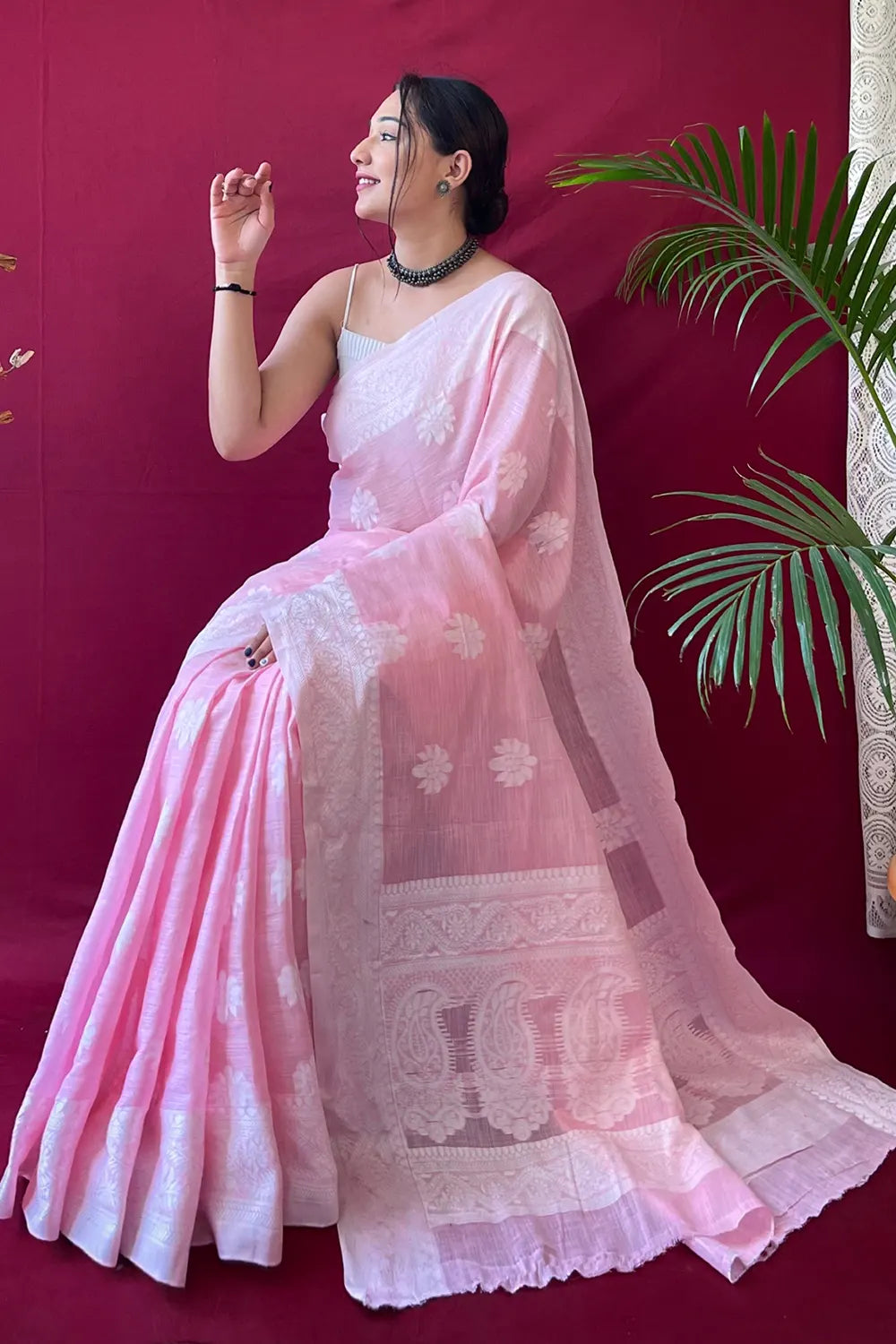 Pastel Pink Lucknowi Woven Linen Saree