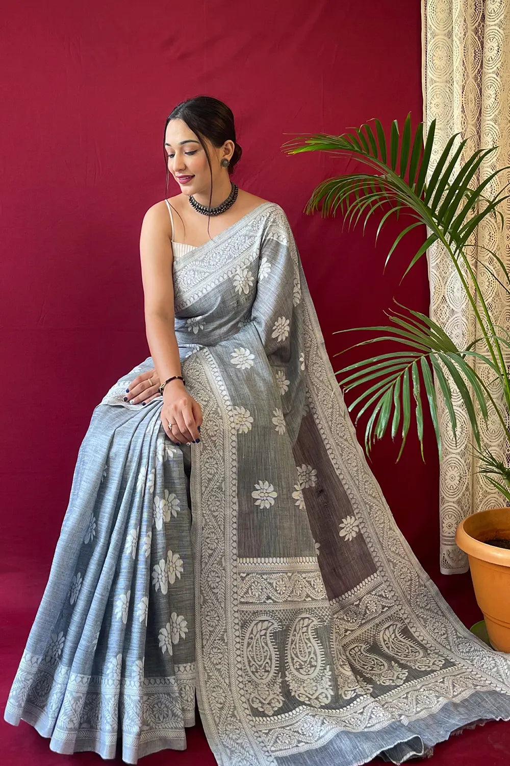 Hit Gray Lucknowi Woven Linen Saree