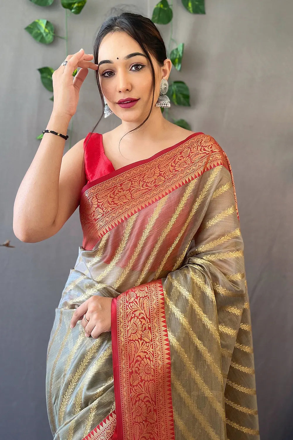 Taupe Gray Zari Woven Organza Saree