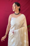 Scotch Mist White Lucknowi Woven Linen Saree