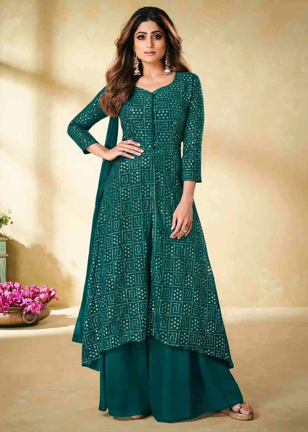 Green Pea Georgette unstitched Plazzo Suit