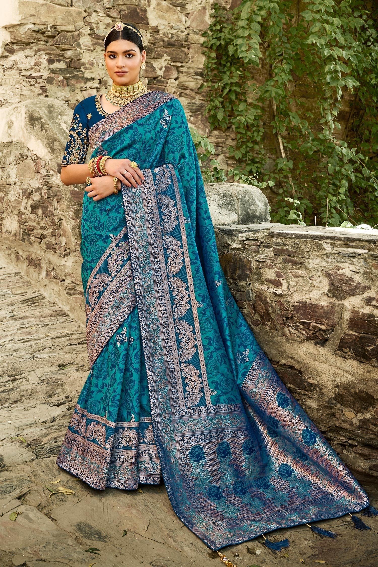 Teal Blue Zari Woven Designer Banarasi Saree