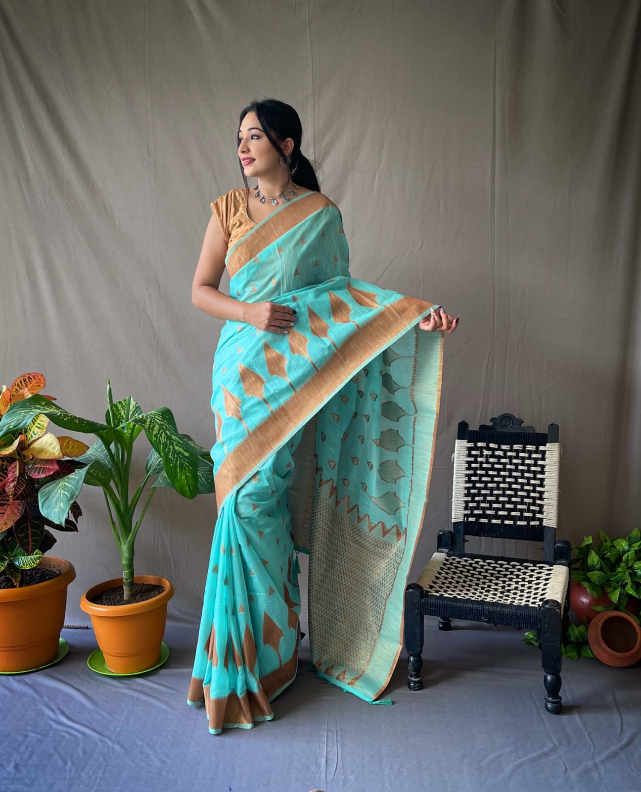 Downy Blue Zari Woven Cotton Saree