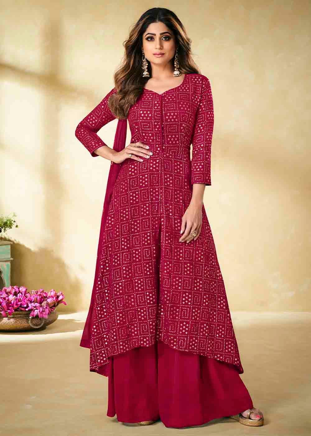 Claret Pink Georgette unstitched Plazzo Suit