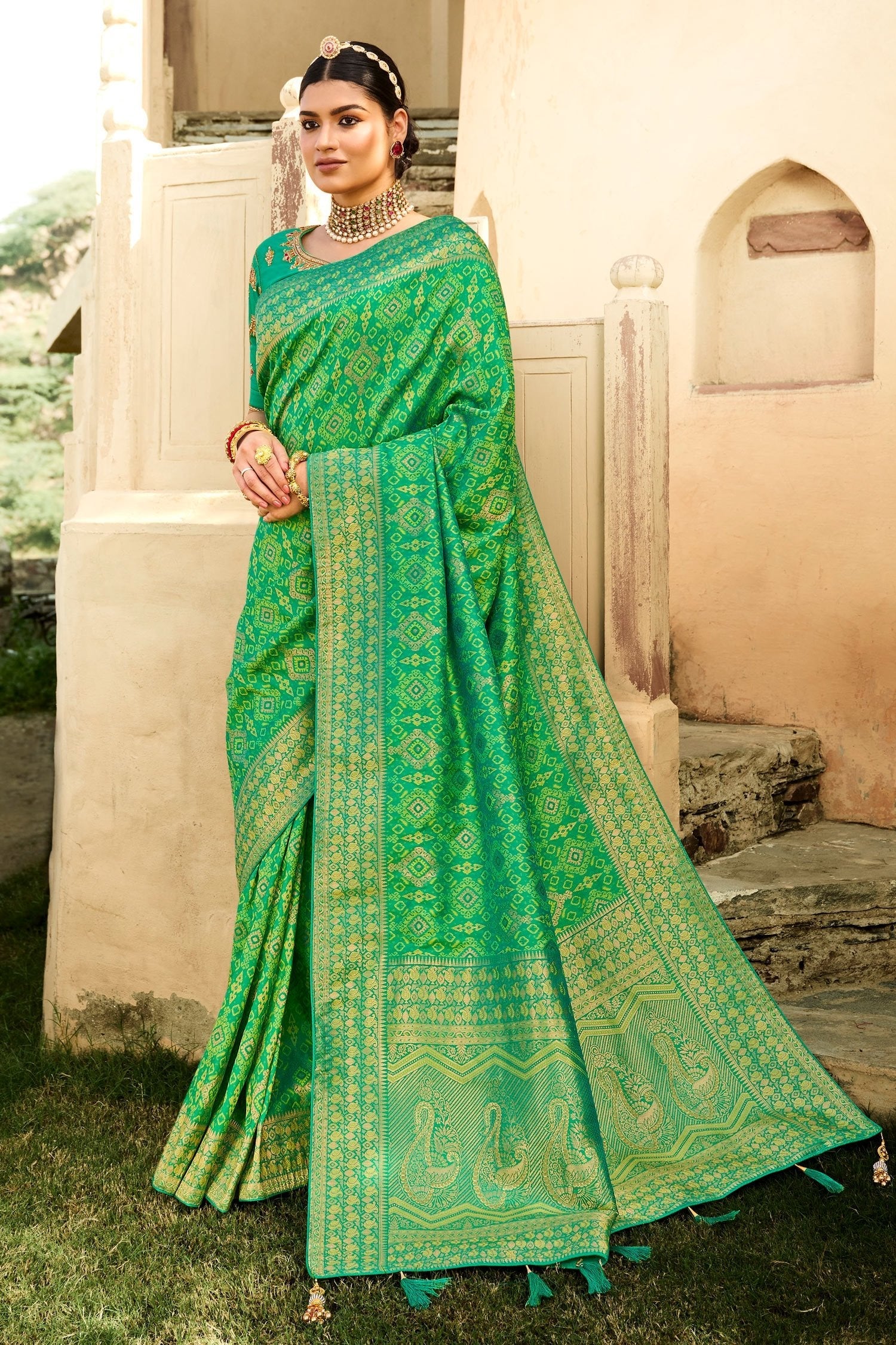 Chateau Green Zari Woven Designer Banarasi Saree