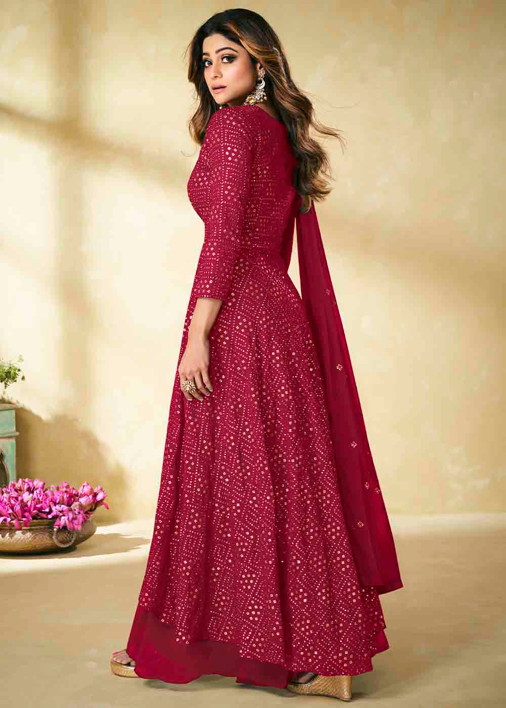 Claret Pink Georgette unstitched Plazzo Suit