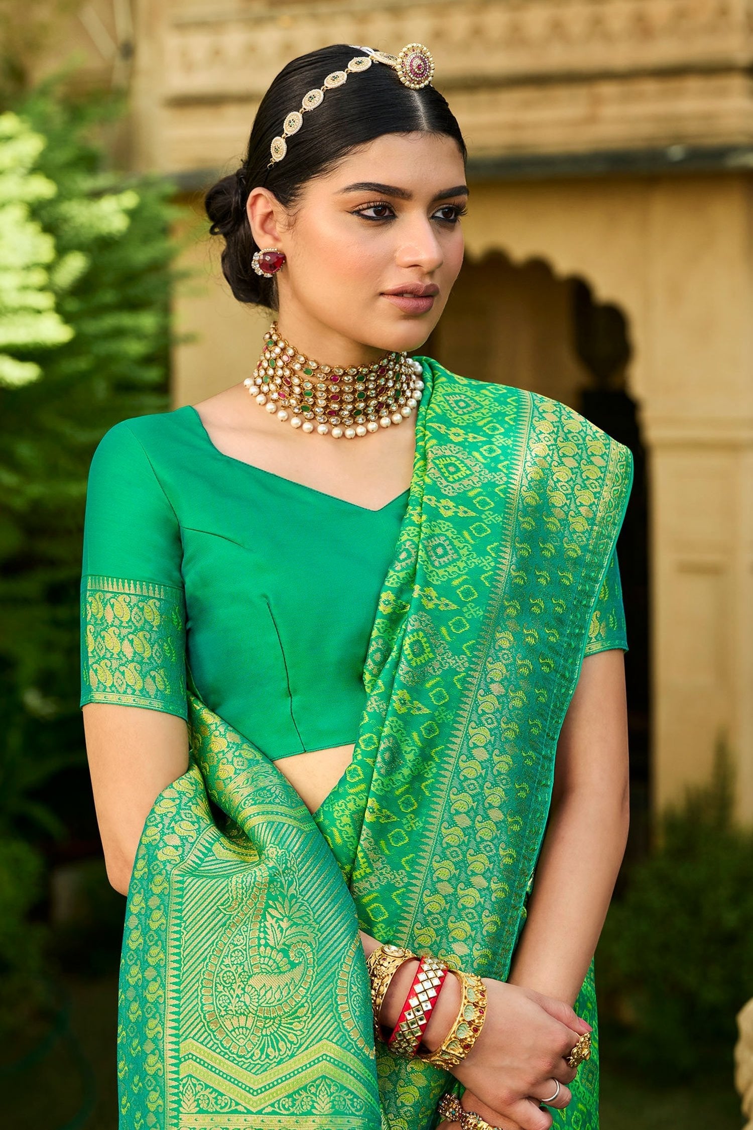 Chateau Green Zari Woven Designer Banarasi Saree