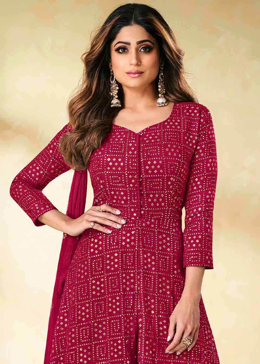 Claret Pink Georgette unstitched Plazzo Suit