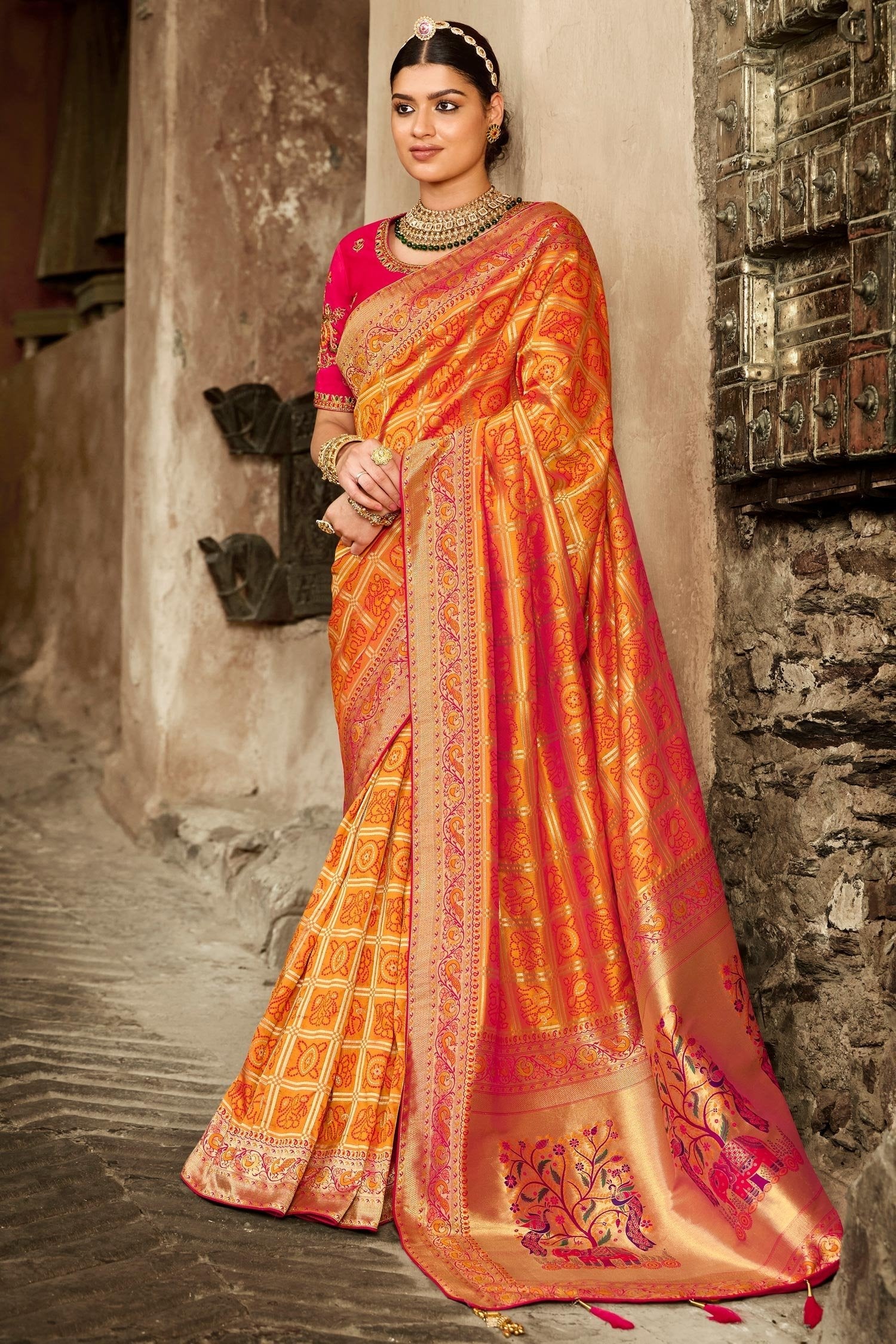 Jaffa Orange and Pink Zari Woven Designer Banarasi Saree