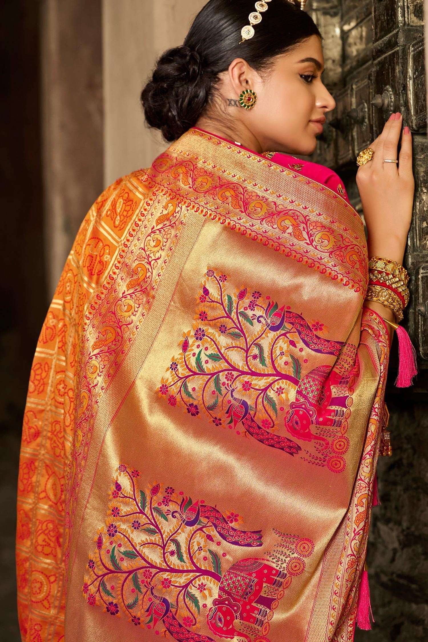 Jaffa Orange and Pink Zari Woven Designer Banarasi Saree