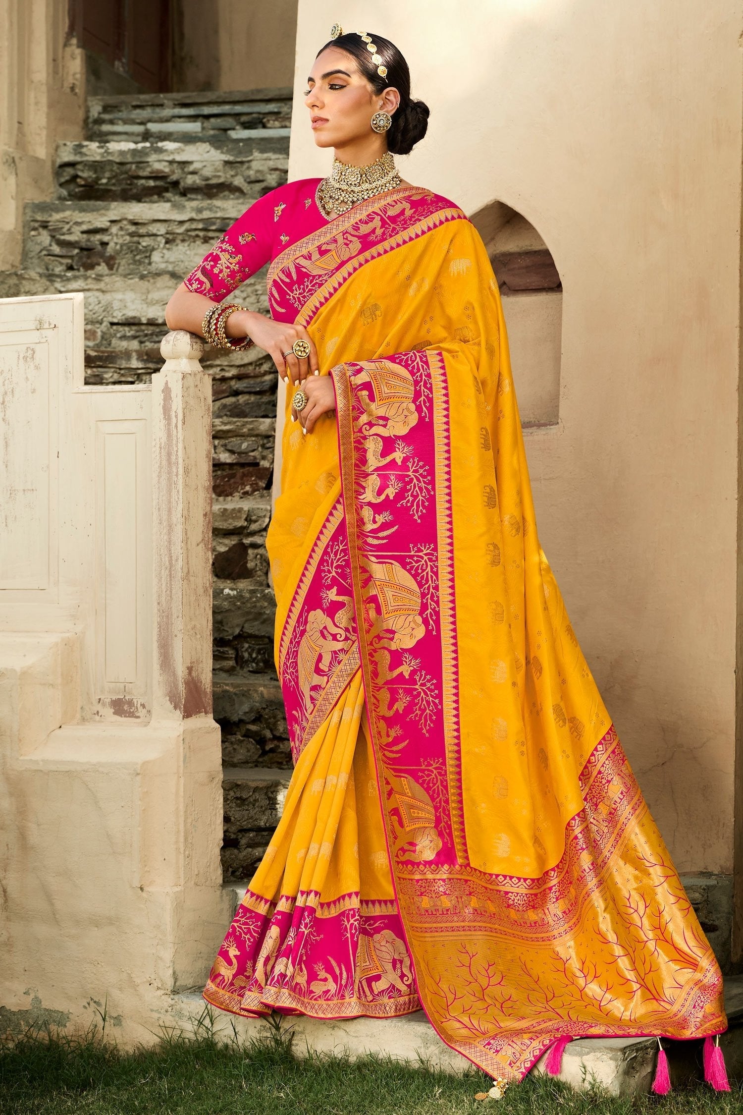 Sunglow Yellow and Pink Zari Woven Designer Banarasi Saree