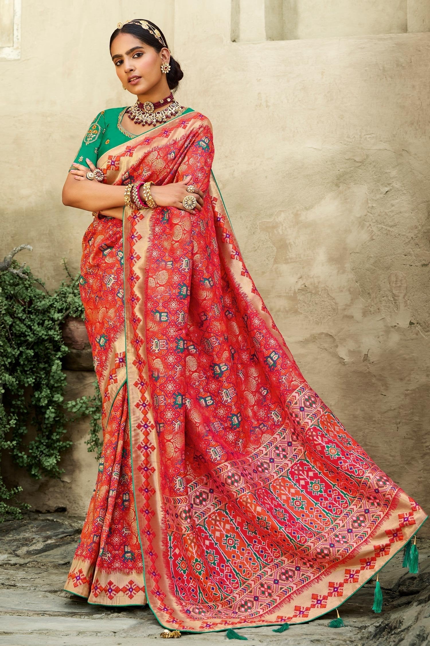 Roman Pink and Green Zari Woven Designer Banarasi Saree