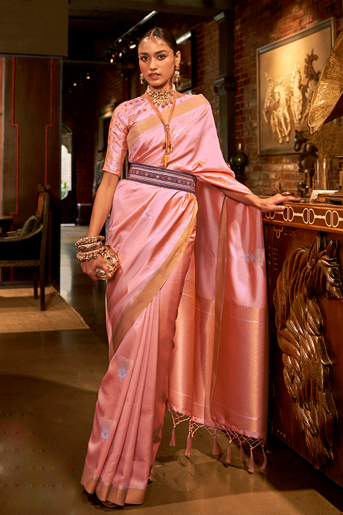 Mona Lisa Pink Zari Woven Banarasi Satin Silk Saree