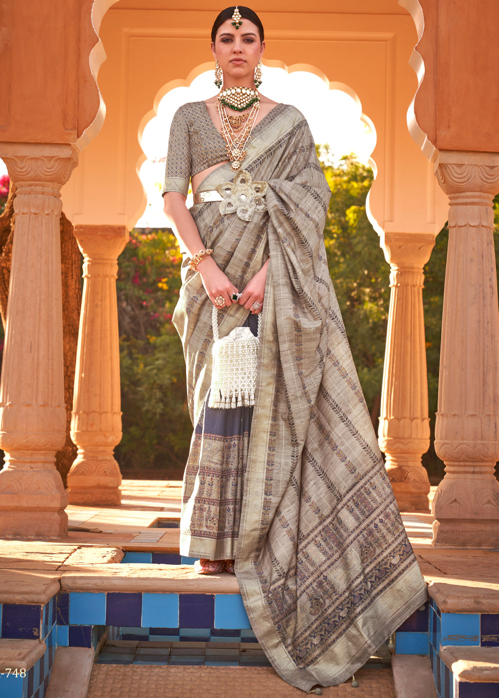 Almond Frost Brown Woven Soft Textured Printed Silk Saree