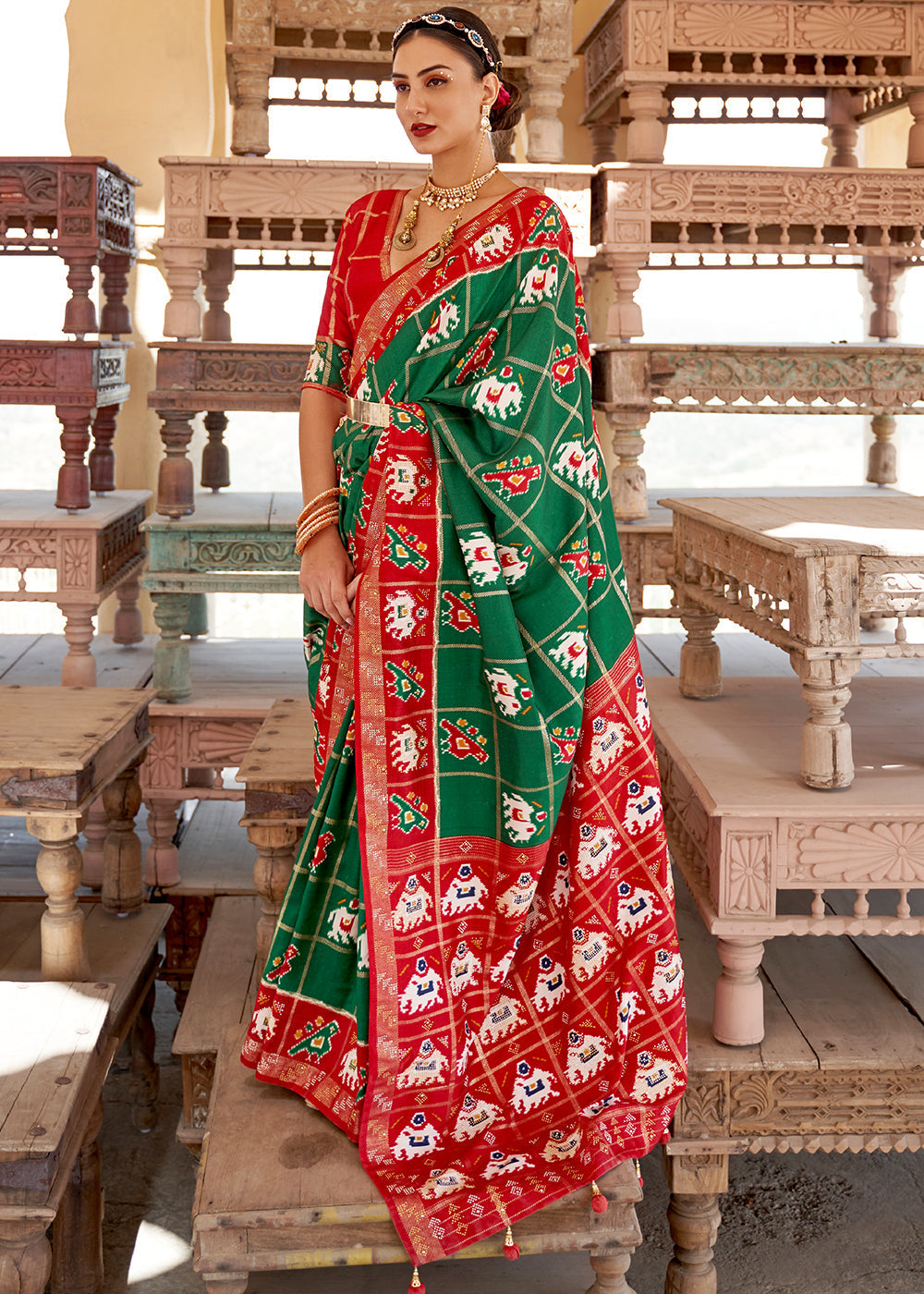 Jewel Green and Red Printed Patola Silk Saree