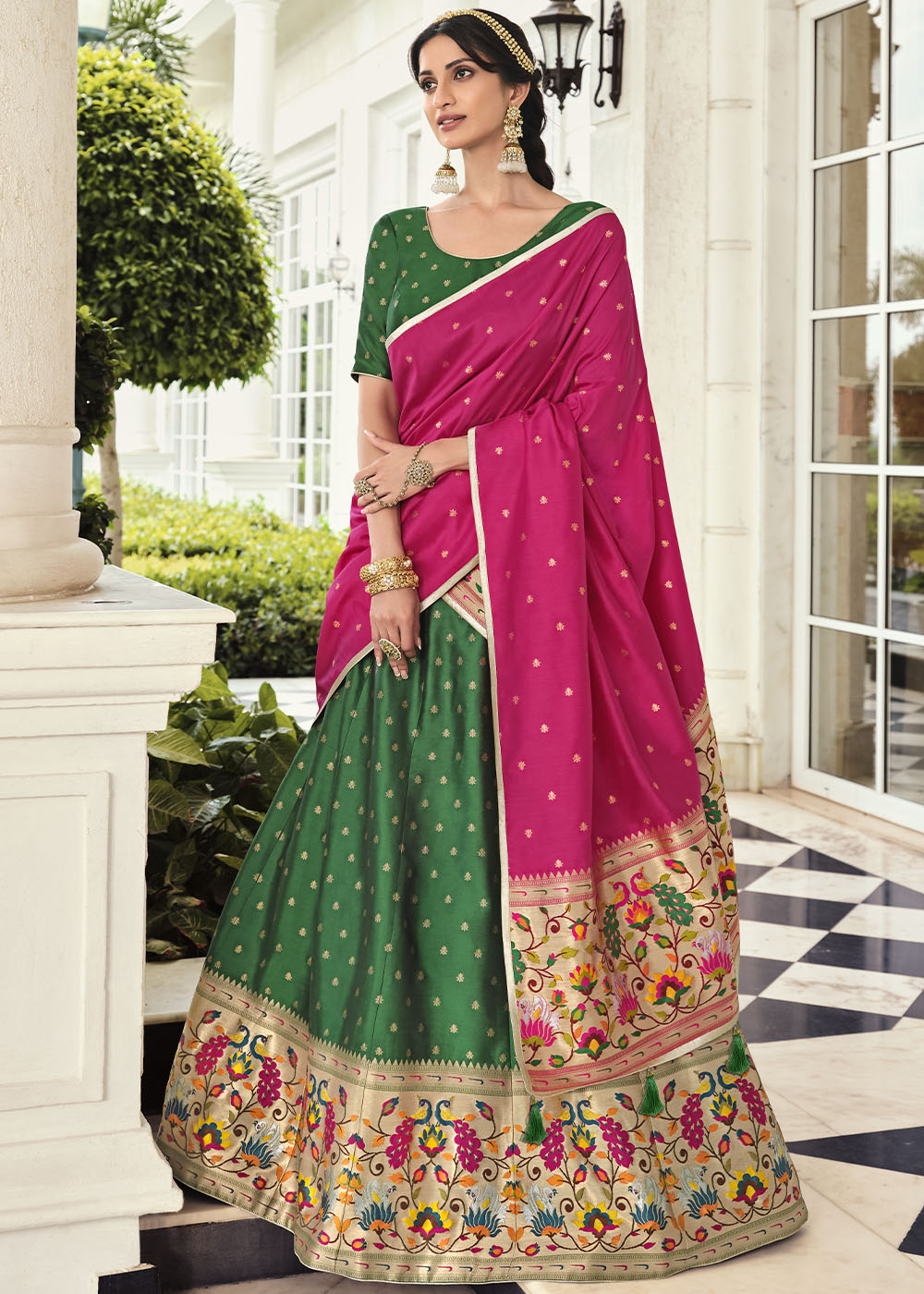 Spring Leaves Green and Pink Banarasi Silk Lehenga Choli