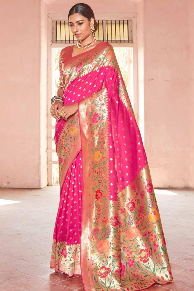 Deep Rose Pearl Zari Woven Paithani Saree