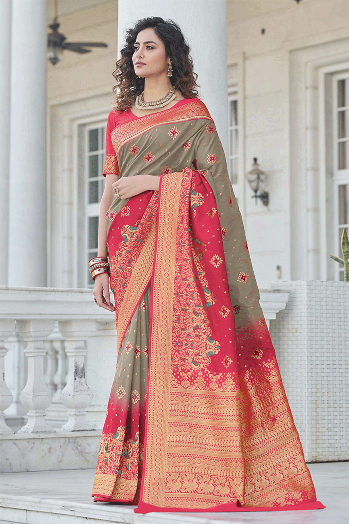 Sand Dune Grey and Red Zari Woven Banarasi Saree