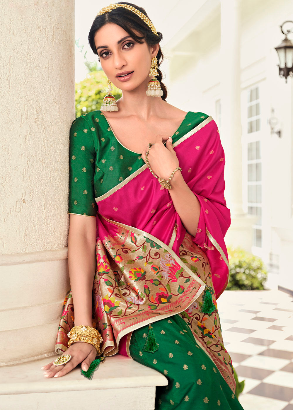 Spring Leaves Green and Pink Banarasi Silk Lehenga Choli