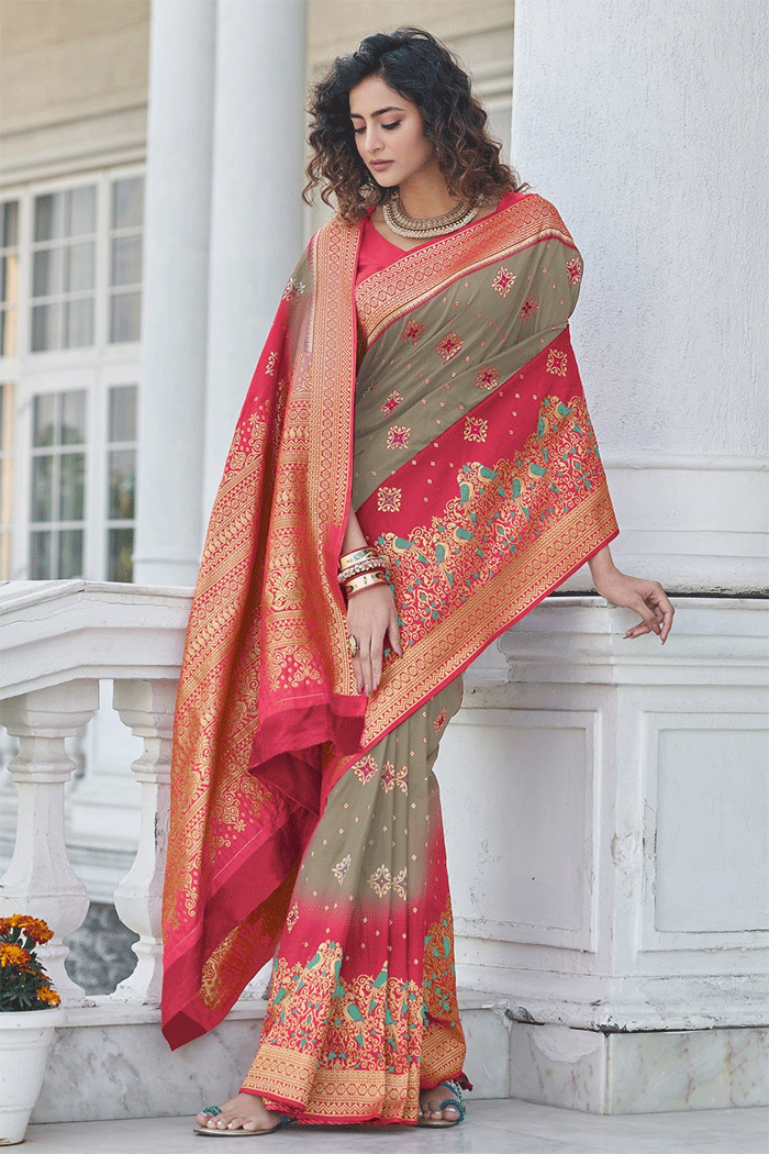 Sand Dune Grey and Red Zari Woven Banarasi Saree