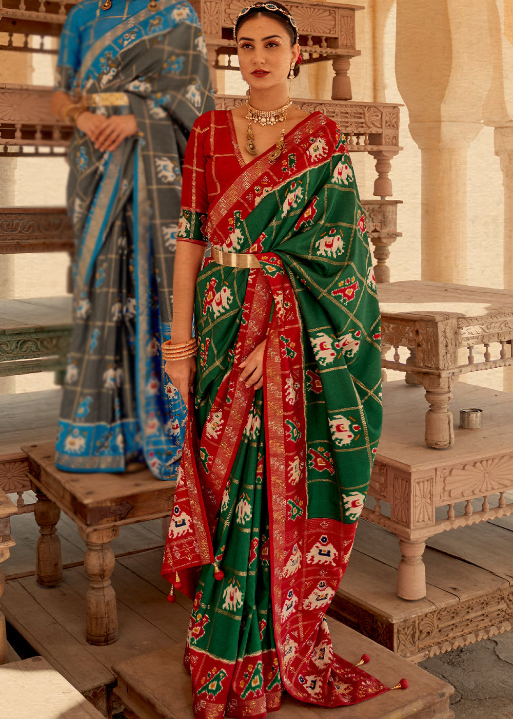 Jewel Green and Red Printed Patola Silk Saree