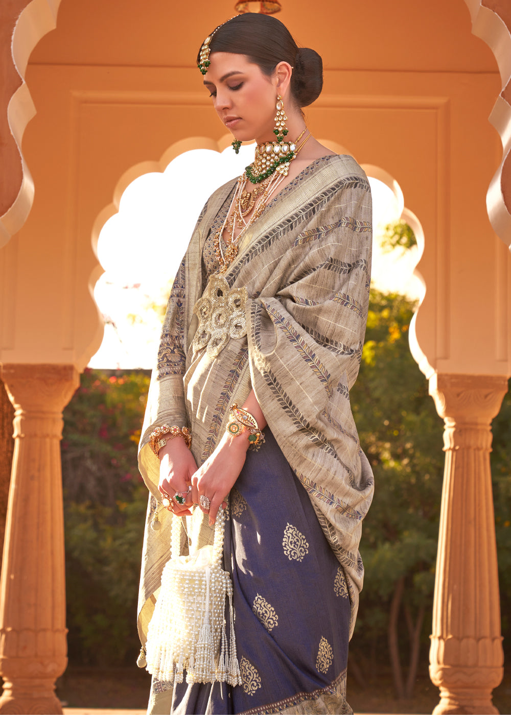 Almond Frost Brown Woven Soft Textured Printed Silk Saree