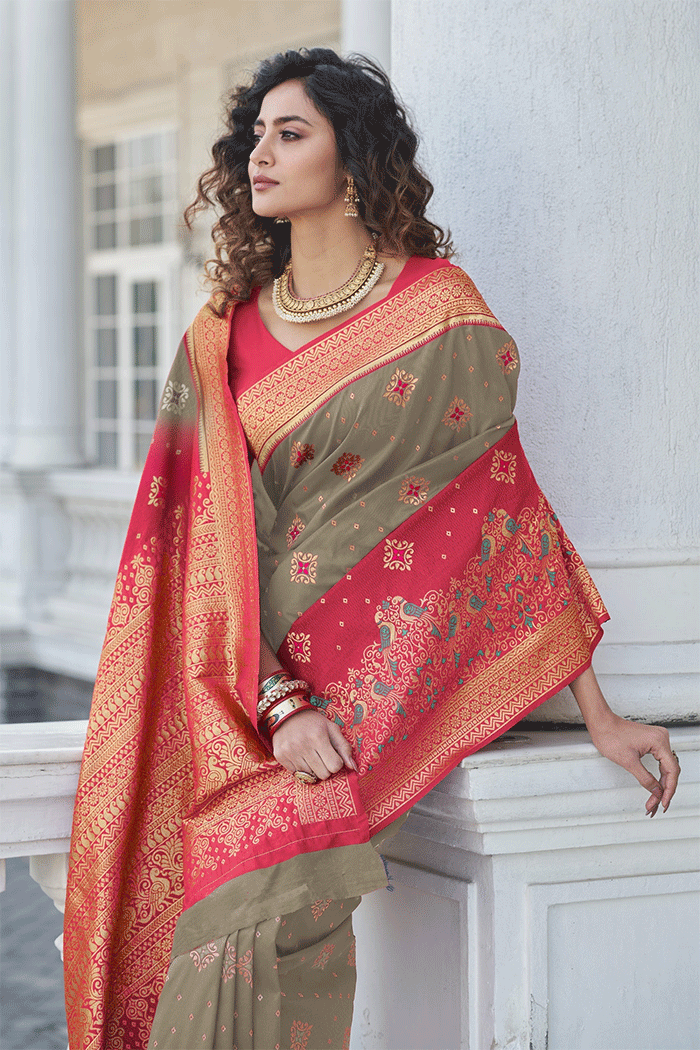 Sand Dune Grey and Red Zari Woven Banarasi Saree