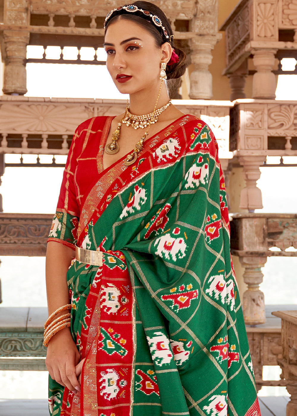 Jewel Green and Red Printed Patola Silk Saree