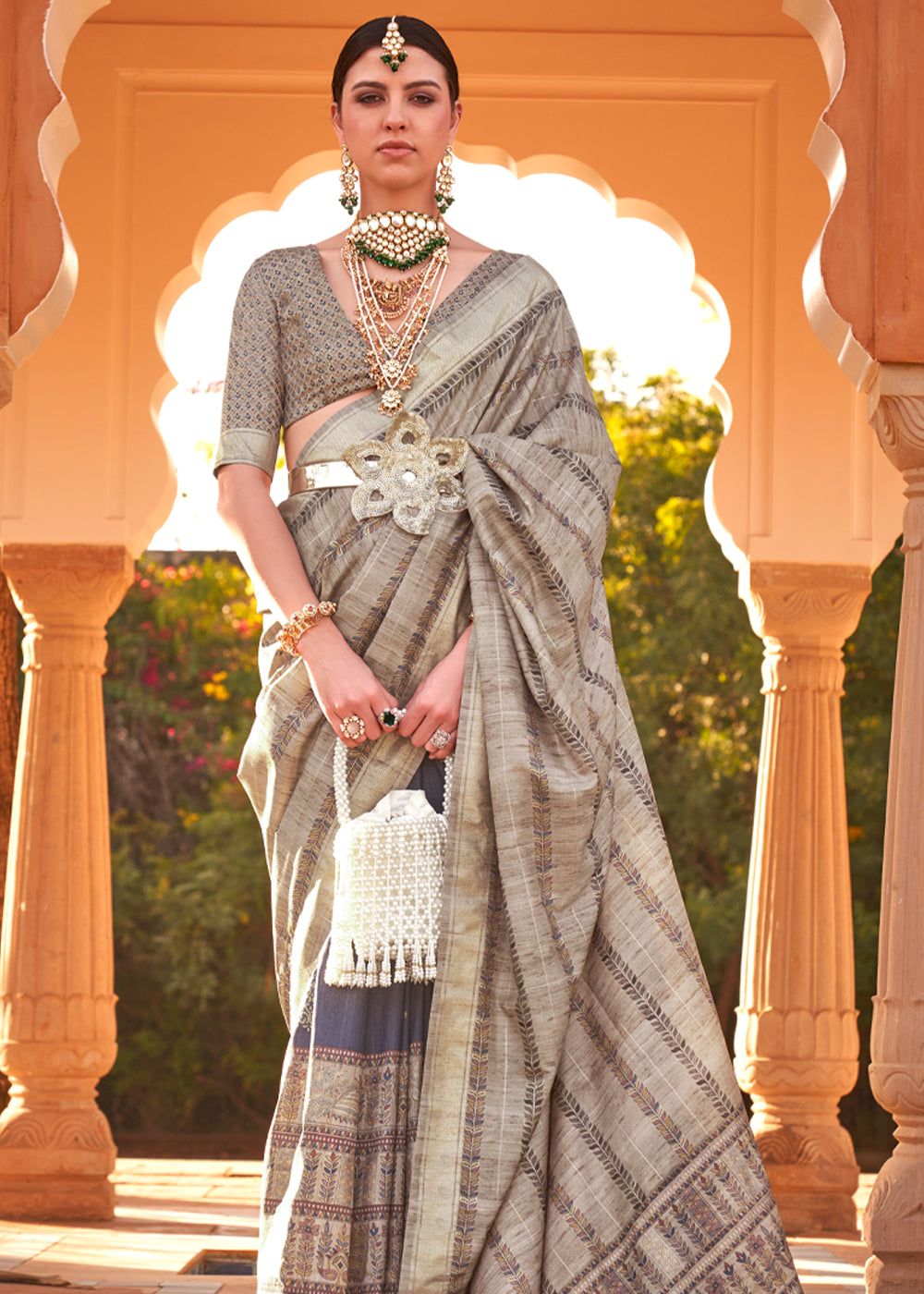 Almond Frost Brown Woven Soft Textured Printed Silk Saree