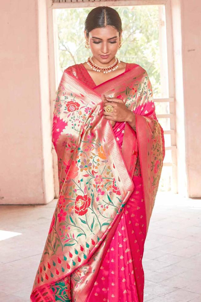 Deep Rose Pearl Zari Woven Paithani Saree