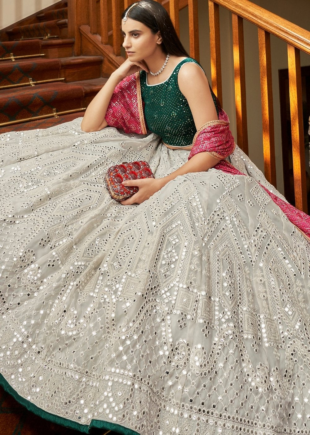 White Linen Green and Pink Organza Lehenga Choli