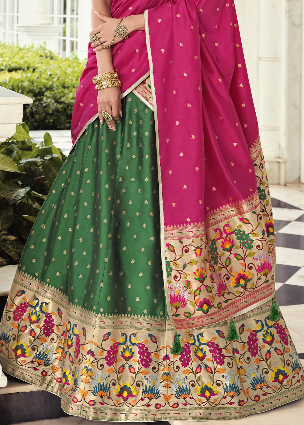 Spring Leaves Green and Pink Banarasi Silk Lehenga Choli