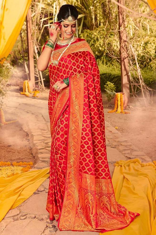 Flamingo Red Zari Woven Kanjivaram Saree