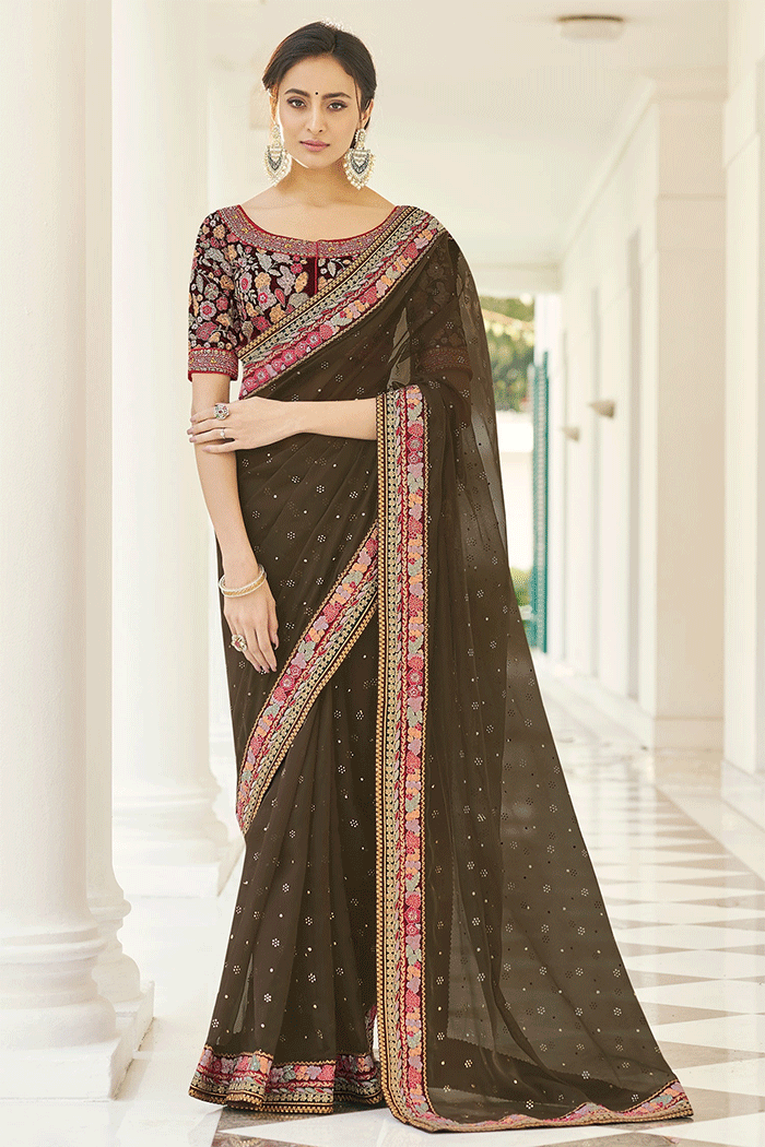 Lisbon Brown Organza Partywear Saree