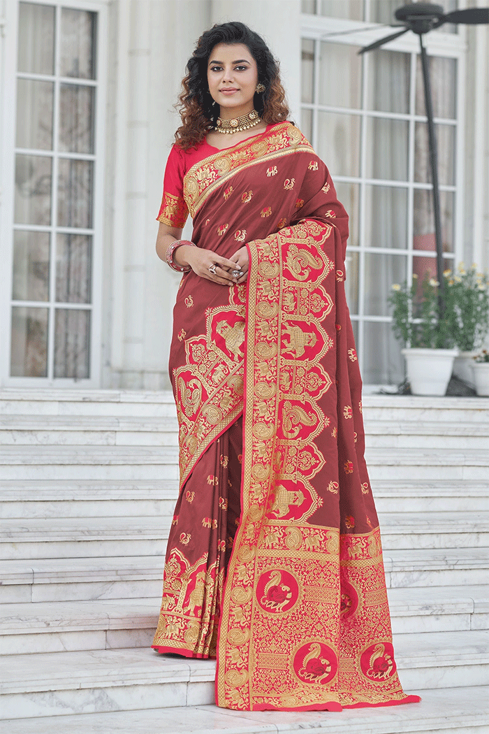 Lotus Brown and Red Zari Woven Banarasi Saree