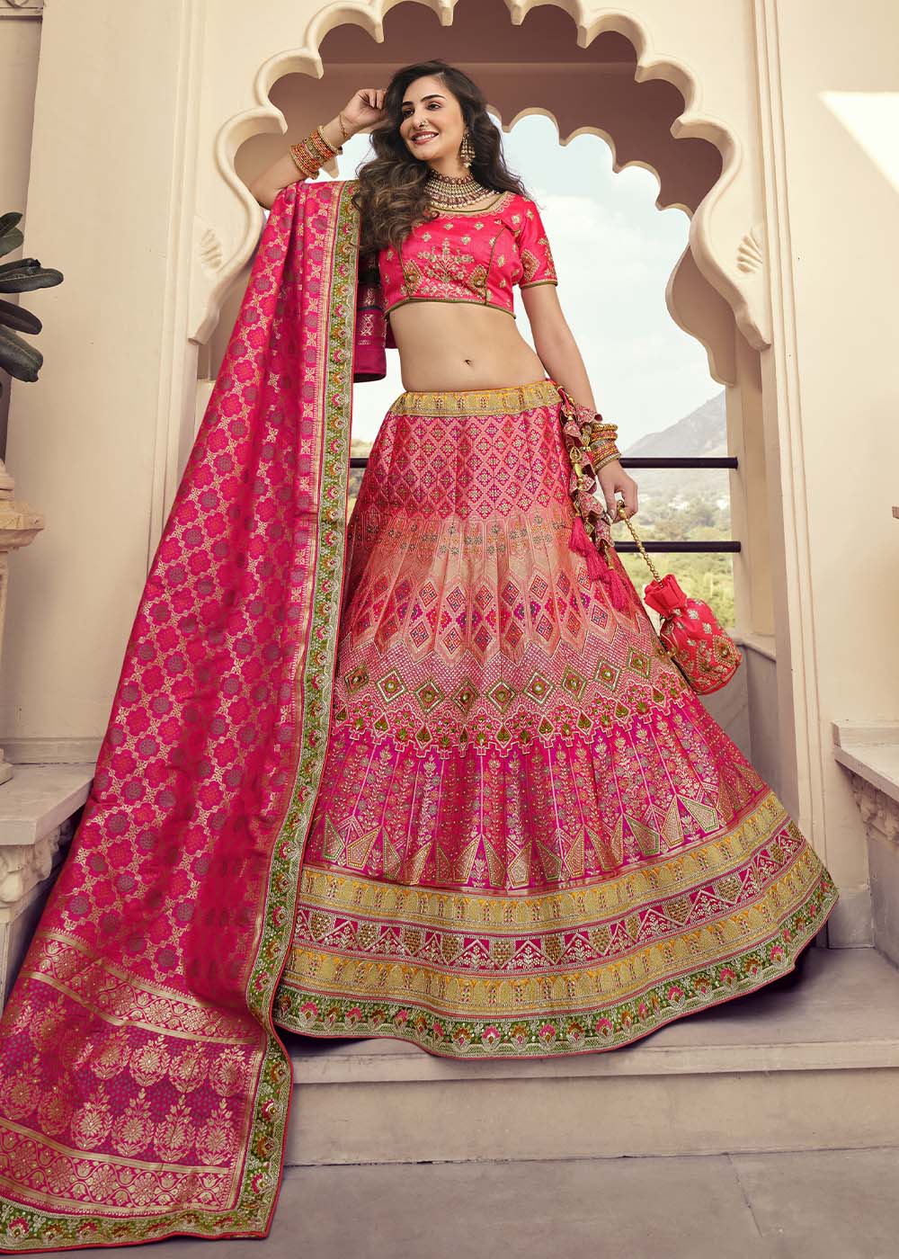 Jelly Bean Pink Banarasi Silk Lehenga Choli