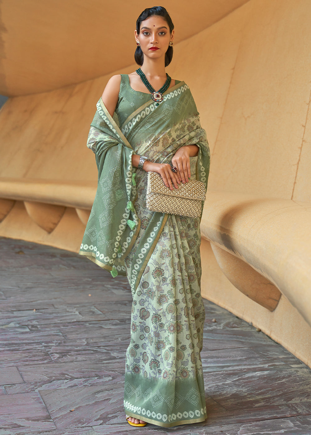 Bitter Green Floral Printed Cotton Saree