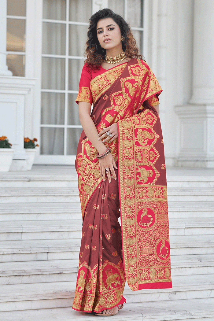 Lotus Brown and Red Zari Woven Banarasi Saree